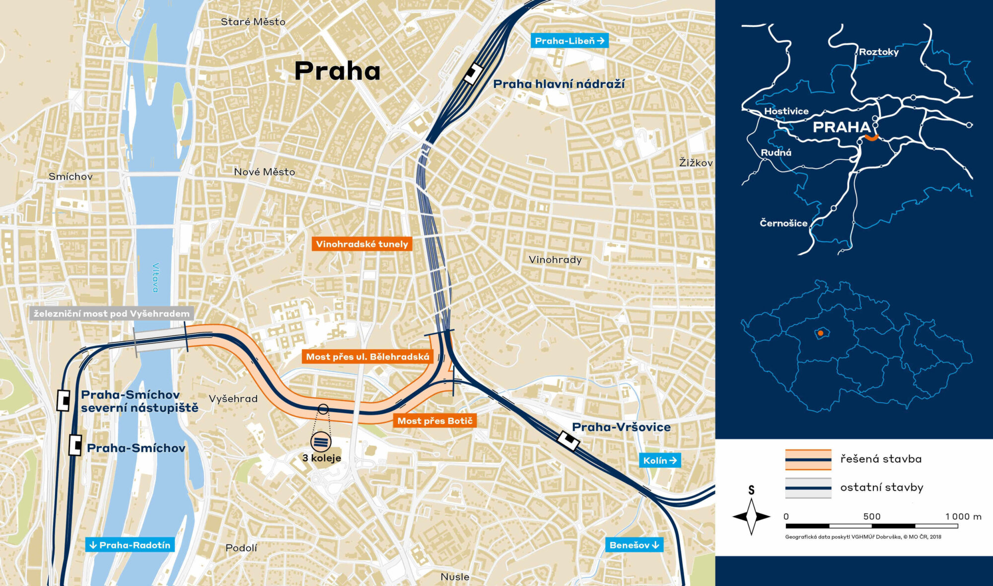 Mapa vedení tratí Nuselským údolím v Praze